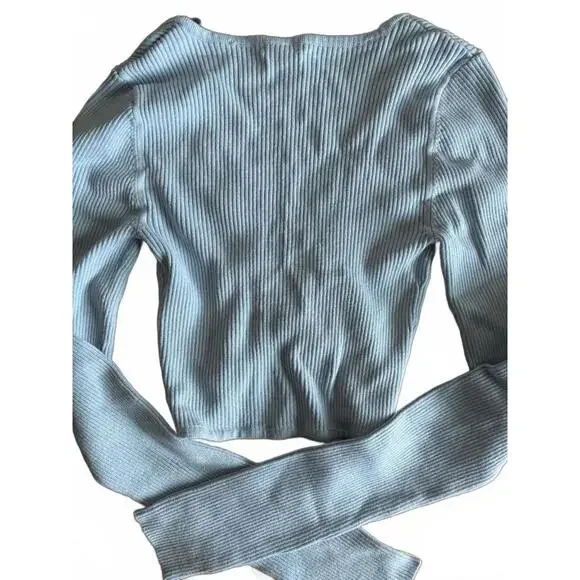 Garage Ribbed Blue Circle Cropped Long-Sleeve Shirt, w/ Circle Detail - Size XXS - Picture 4 of 4